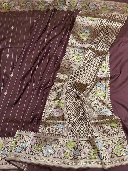Chocolate Brown Handwoven Pure Banarasi Silk Saree – Katan Silk with Kadwa Weave &amp; Skirt Pattern Design