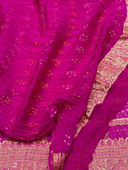 Rani Pink Banarasi Pure Bandhej Georgette Saree – Luxury Cutwork Brocade Festive Saree