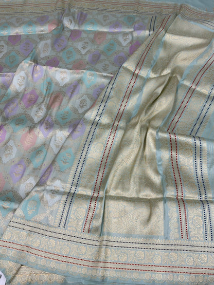 Powder Blue Handwoven Rangkaat Pure Banarasi Silk Saree