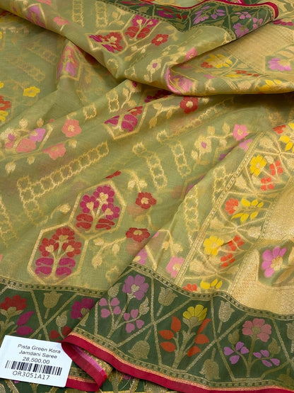Pista Banarasi Pure Kora Jamdani Saree