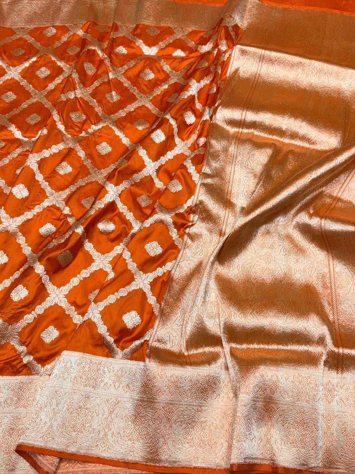 Orange Handwoven Pure Banarasi Silk Saree in Kadwa Jaal – Authentic Katan Mulberry Silk