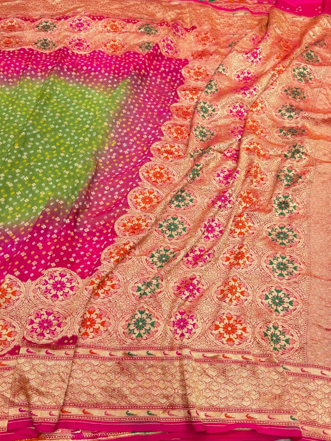 Rani Pink Banarasi Pure Bandhej Georgette Saree – Luxury Cutwork Brocade Wedding