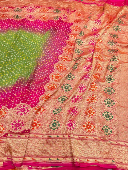 Rani Pink Banarasi Pure Bandhej Georgette Saree – Luxury Cutwork Brocade Wedding