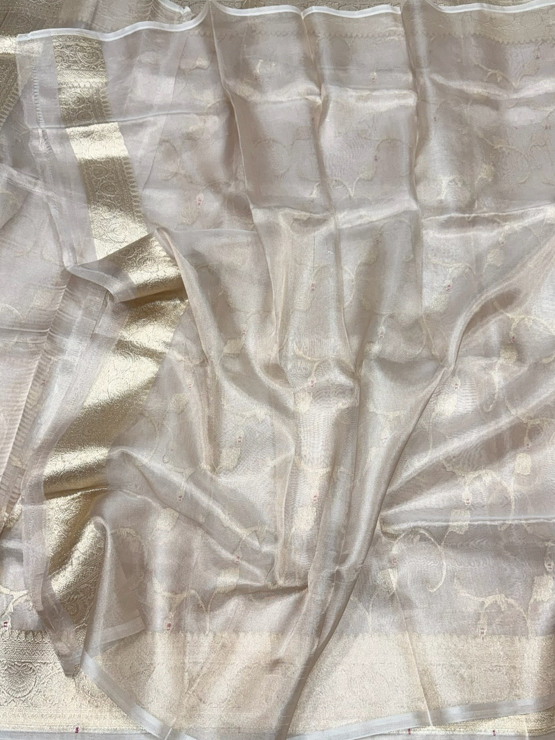 Champagne Gold Pure Banarasi Tissue Silk Saree Pure Kora Tissue