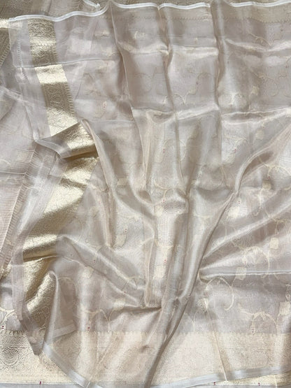 Champagne Gold Pure Banarasi Tissue Silk Saree Pure Kora Tissue