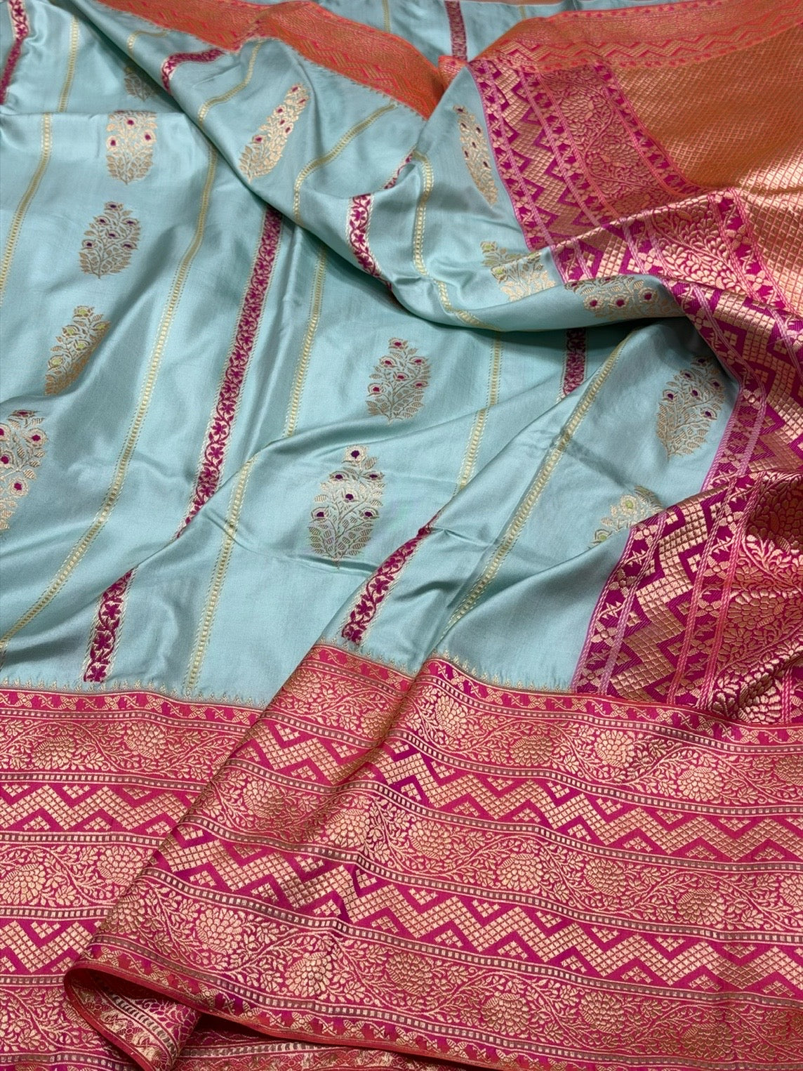 Sky Blue Pure Banarasi Katan Silk Saree – Handwoven Kadwa Booti