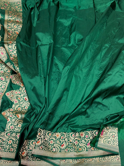 Emerald Green Handwoven Pure Banarasi Katan Silk Saree | Kadwa Weave | Intricate Border Design | Pure Silk Handloom Saree