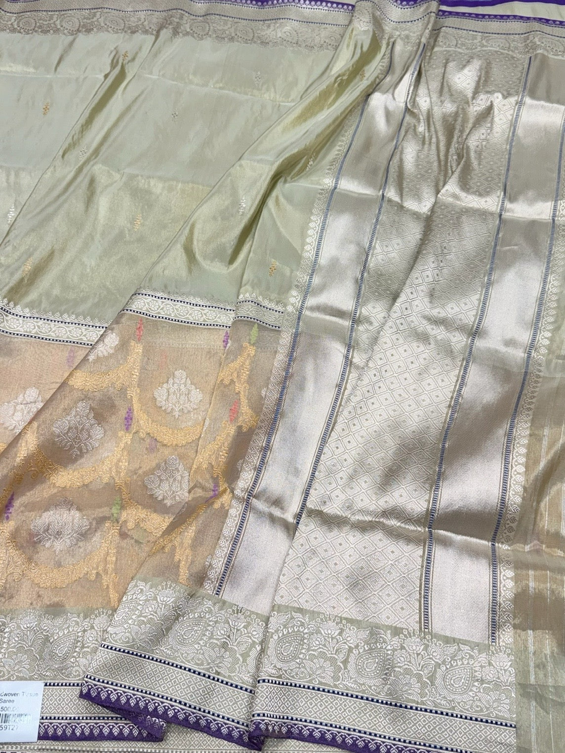 Soft Sea Green Handwoven Pure Banarasi Tissue Saree in Kadwa Weave | Pure Katan Tissue Silk