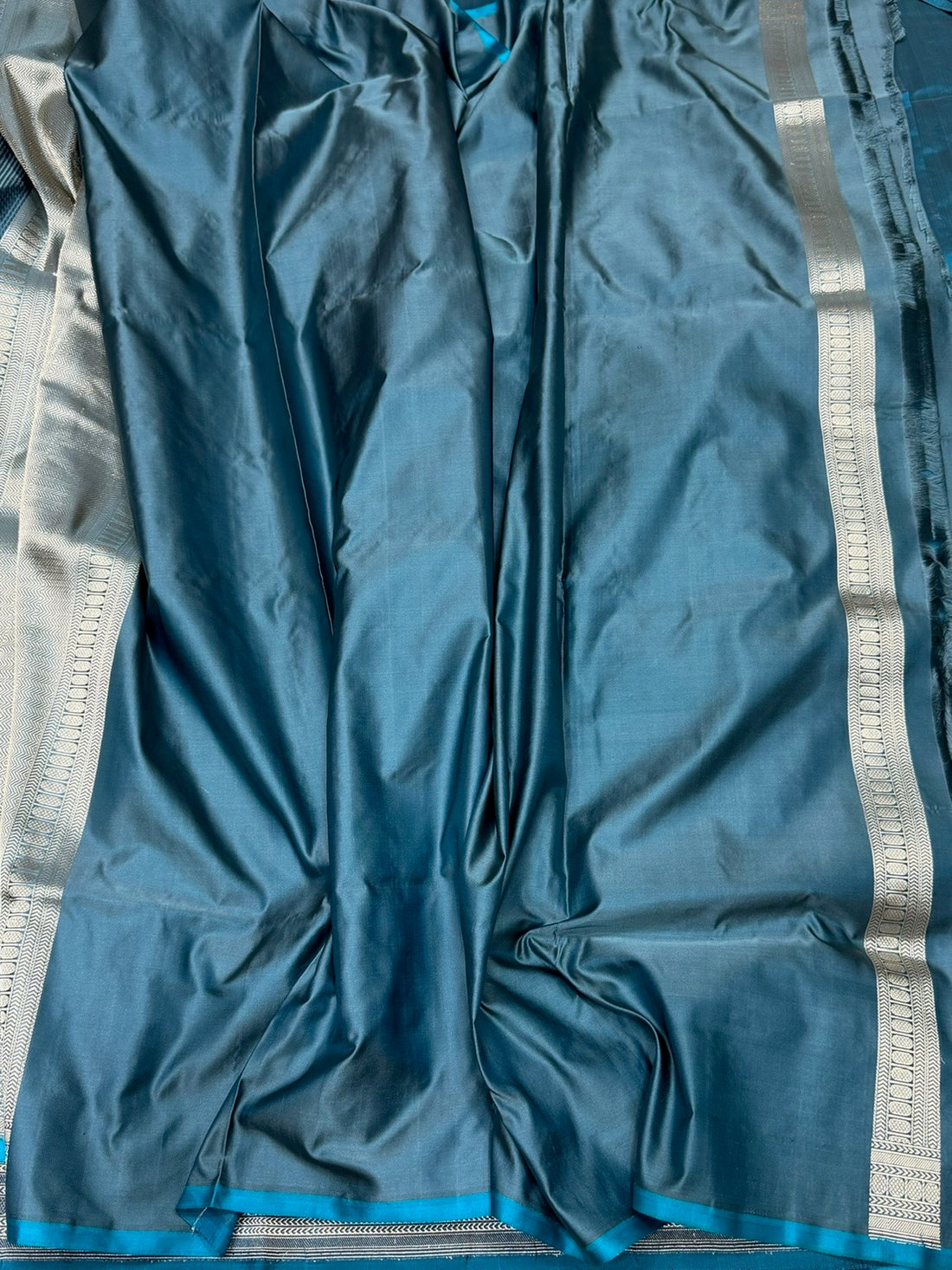 Teal Blue Handwoven Pure Banarasi Satin Tanchoi Silk Saree – Kadwa Weave | Authentic Banaras Handloom