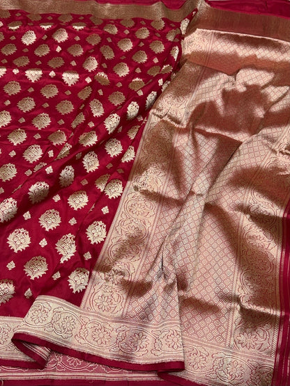 Red Handwoven Pure Banarasi Silk Saree – Kadwa Weave in 100% Katan Silk