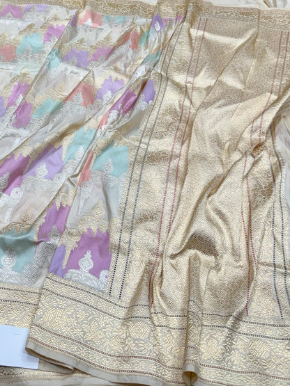 Ivory Handwoven Pure Banarasi Rangkaat Silk Saree – Pure Katan Silk