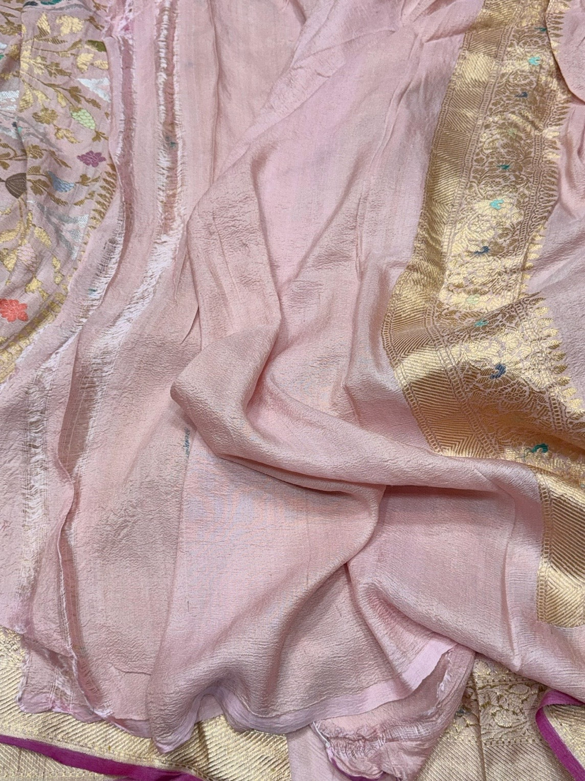 Baby Pink Handwoven Pure Banarasi Tussar Georgette Saree