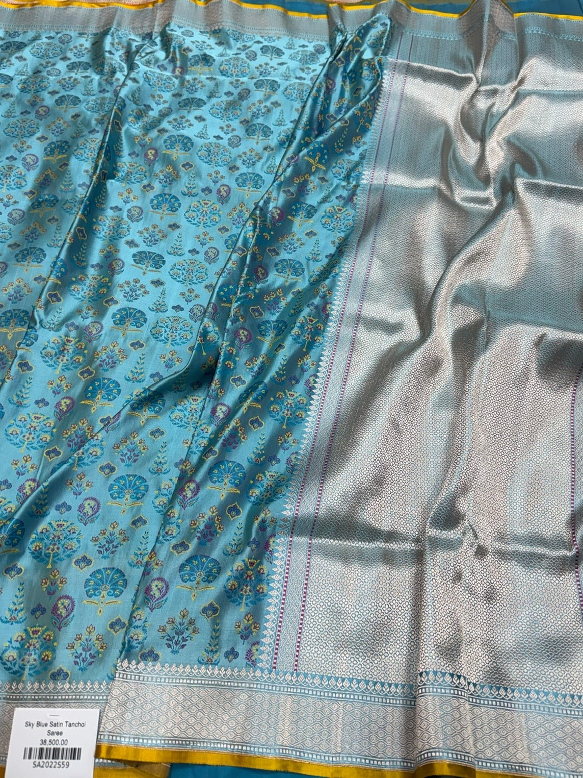 Sky Blue Handwoven Pure Banarasi Satin Tanchoi Silk Saree