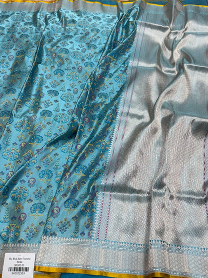 Sky Blue Handwoven Pure Banarasi Satin Tanchoi Silk Saree