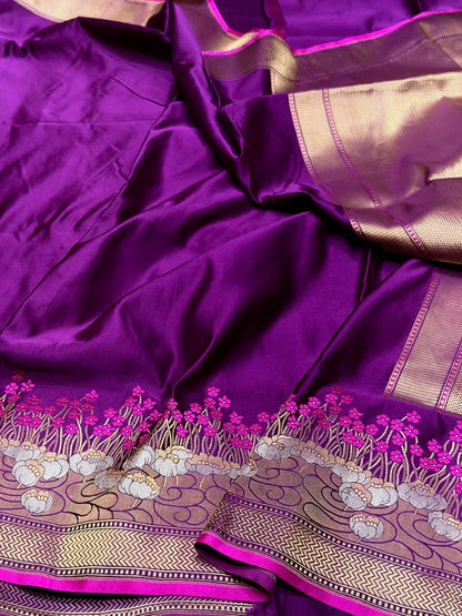 Purple Handwoven Pure Banarasi Mashru Satin Silk Saree