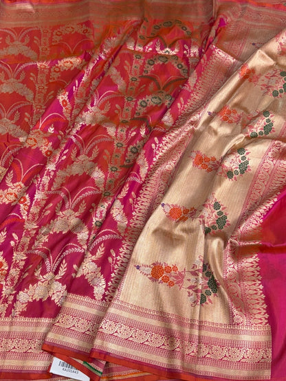 Orangish Pink Banarasi Minakari Pure Katan Silk Saree