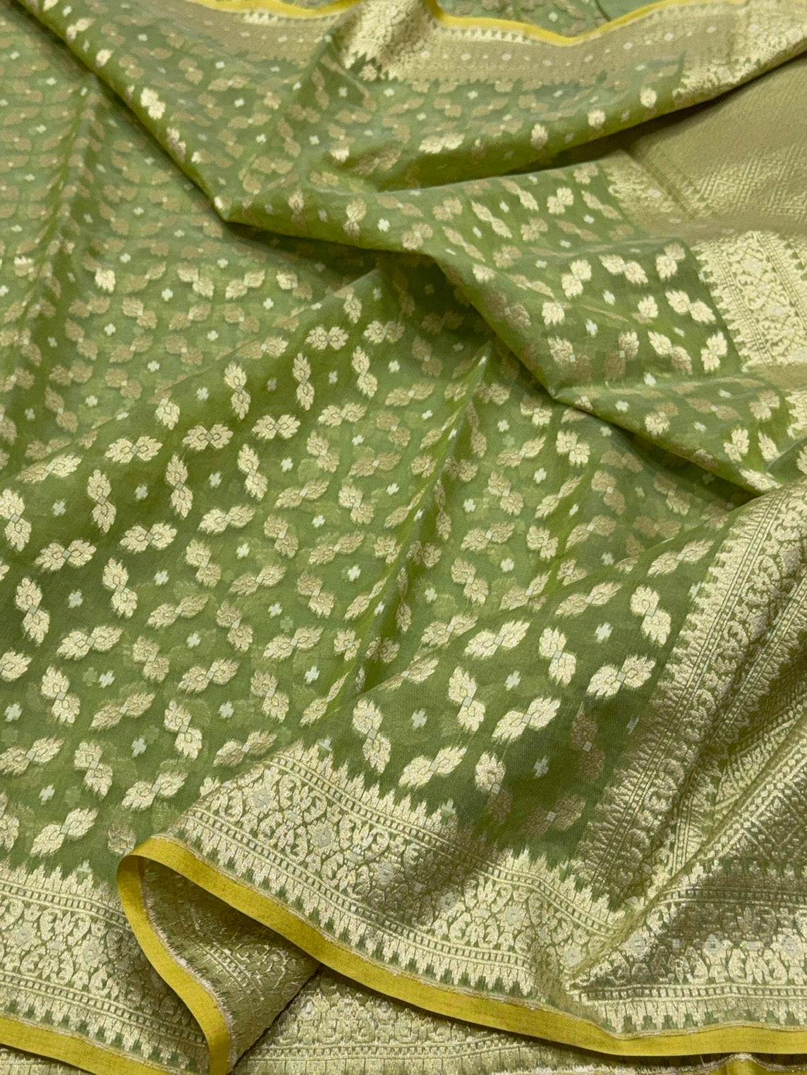 Green Banarasi Pure Kora Cotton Saree