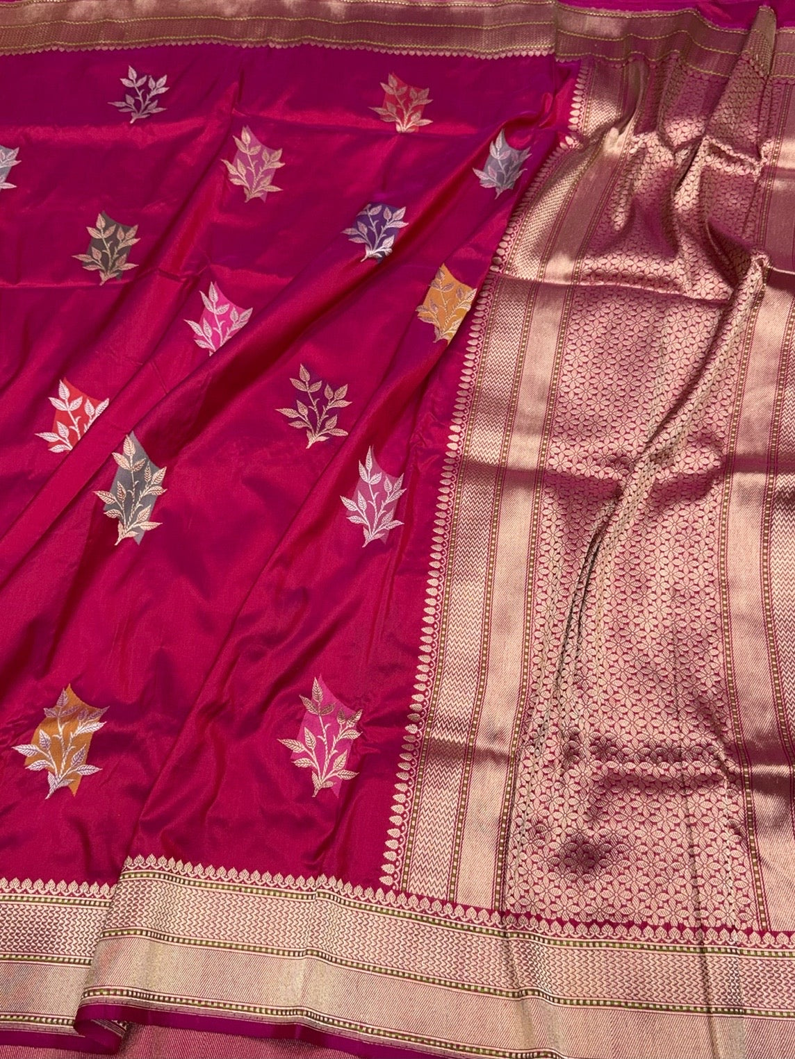 Rani Pink Handwoven Pure Banarasi Silk Saree in Kadwa Weave | Authentic Katan Mulberry Silk
