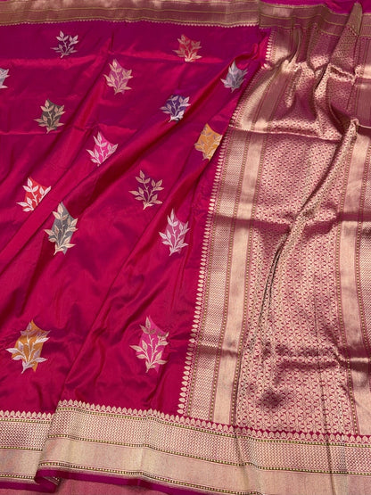 Rani Pink Handwoven Pure Banarasi Silk Saree in Kadwa Weave | Authentic Katan Mulberry Silk