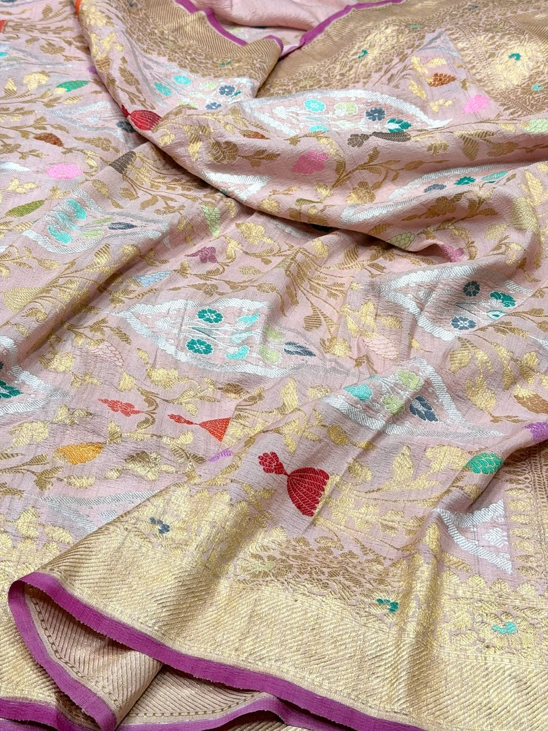 Baby Pink Handwoven Pure Banarasi Tussar Georgette Saree