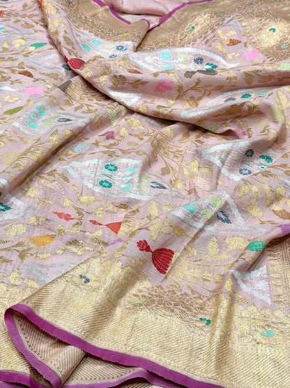 Baby Pink Handwoven Pure Banarasi Tussar Georgette Saree