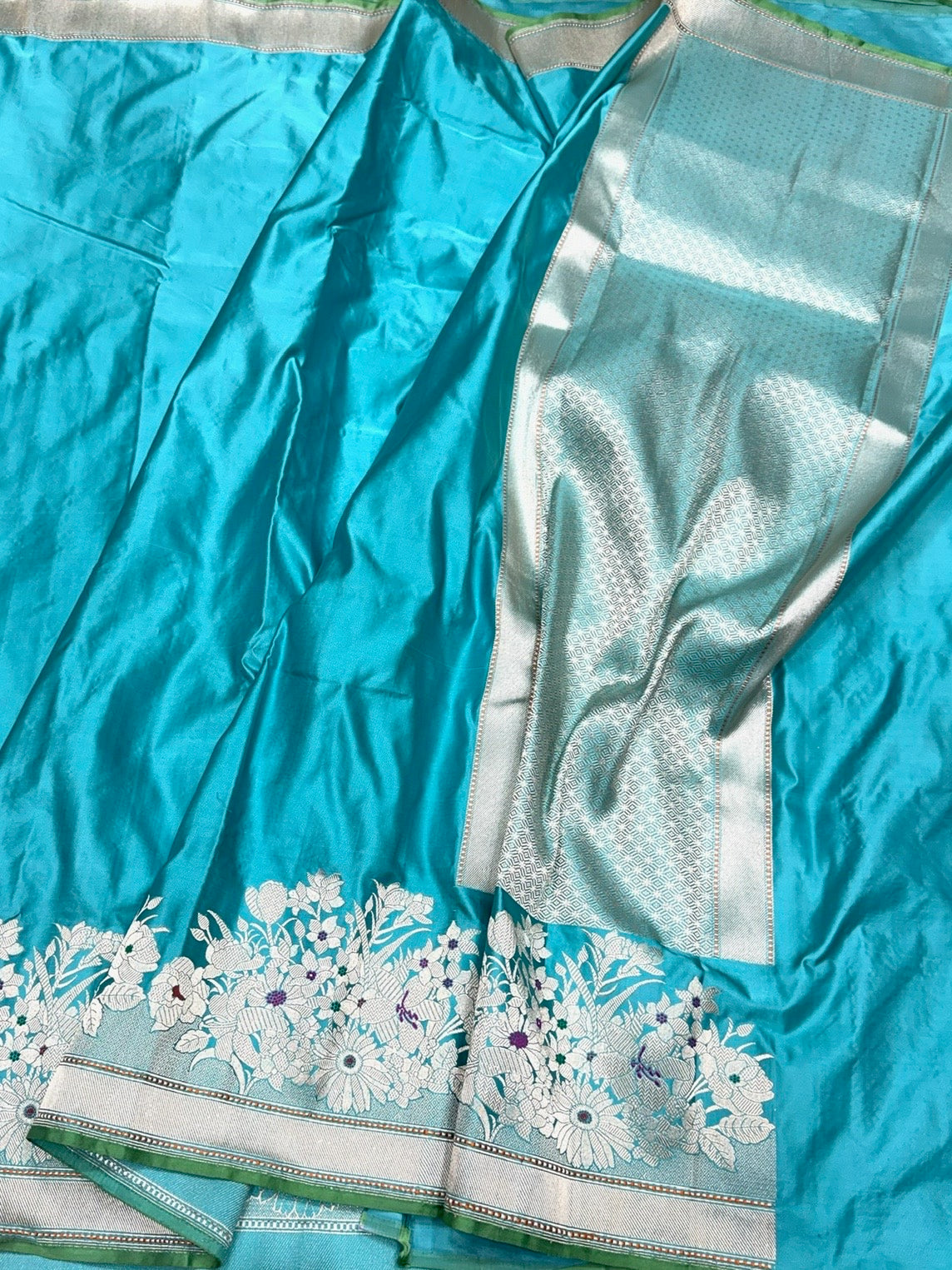 Sky Blue Handwoven Pure Banarasi Satin Silk Saree – Kadwa Weave, Pure Satin Silk