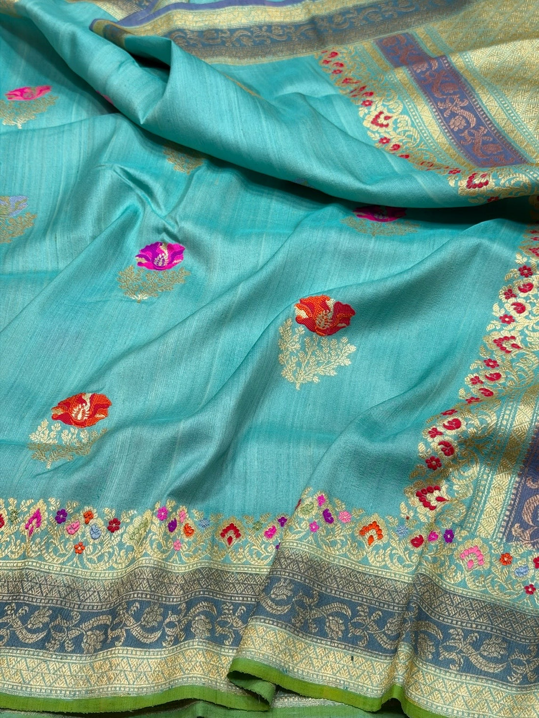 Sky Blue Handwoven Pure Tussar Georgette Saree