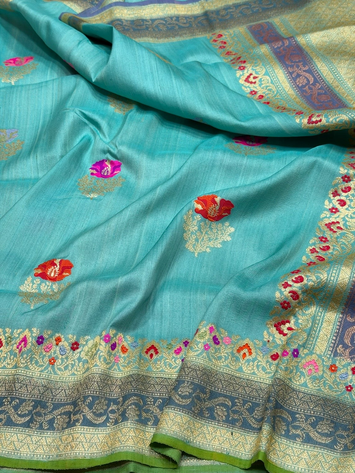 Sky Blue Handwoven Pure Tussar Georgette Saree
