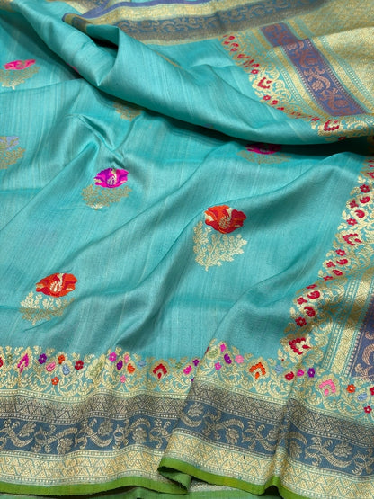 Sky Blue Handwoven Pure Tussar Georgette Saree