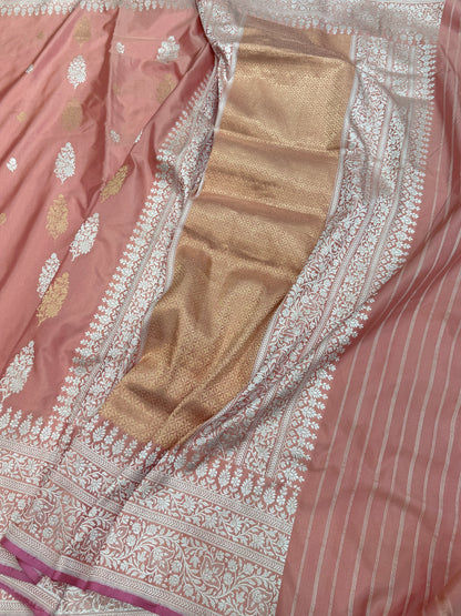 Peach Handwoven Pure Banarasi Silk Saree in Kadwa Weave