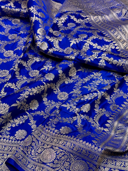 Royal Blue Handwoven Vintage Pure Banarasi Satin Silk Saree