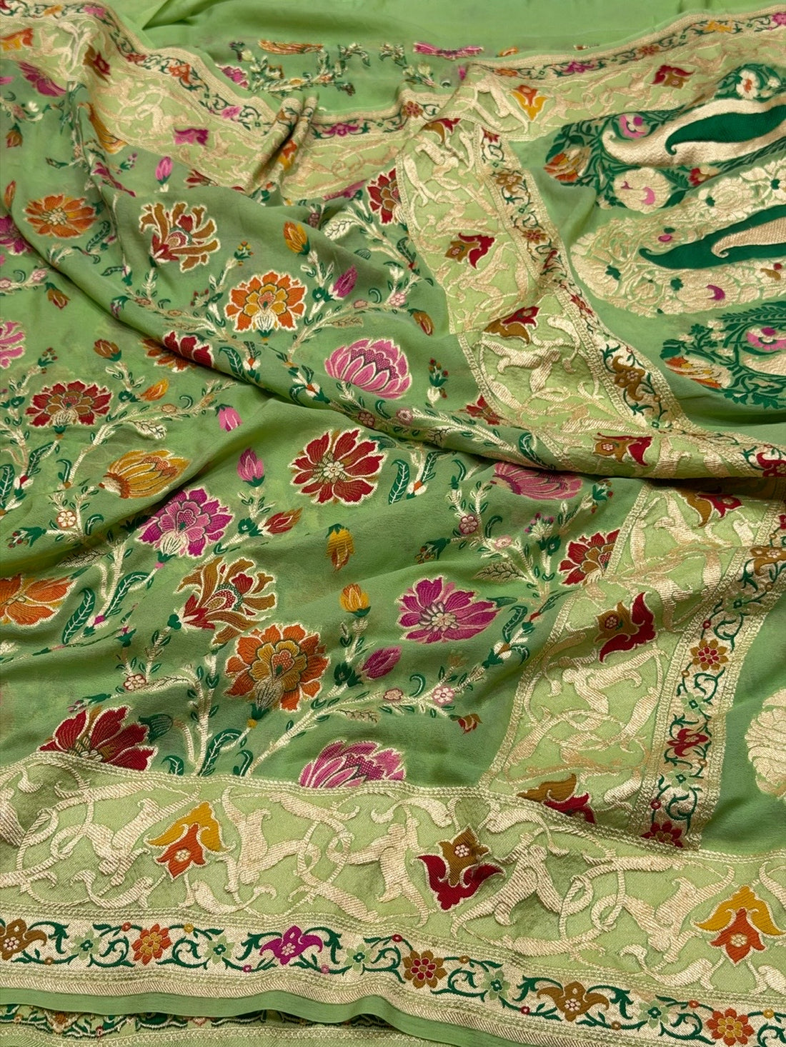 Apple Green Pure Banarasi Minakari Chiffon Georgette Saree
