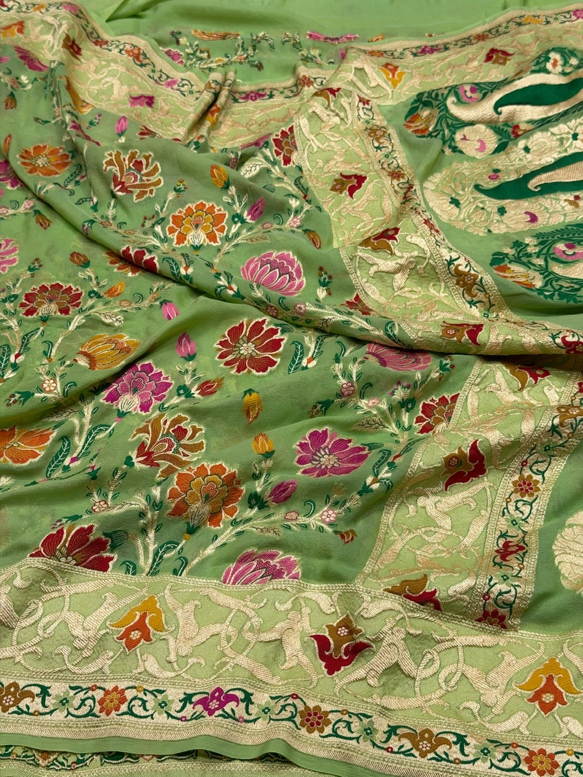 Apple Green Pure Banarasi Minakari Chiffon Georgette Saree
