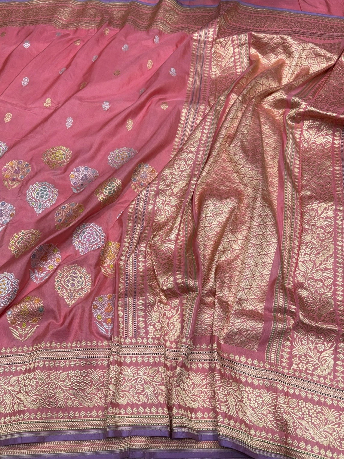 Peach Handwoven Pure Banarasi Silk Saree in Kadwa Weave – 100% Katan Mulberry Silk