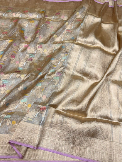 Champagne Gold Handwoven Pure Banarasi Ektara Tissue Saree