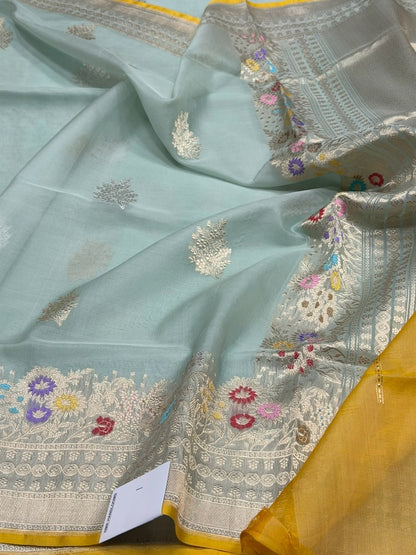 Ocean Blue Handwoven Banarasi Pure Organza Silk Saree