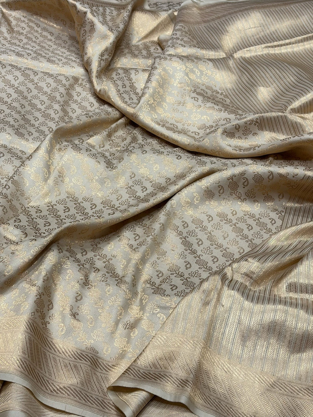 Ivory Banarasi Pure Silk Brocade Saree | 100% Pure Katan Silk