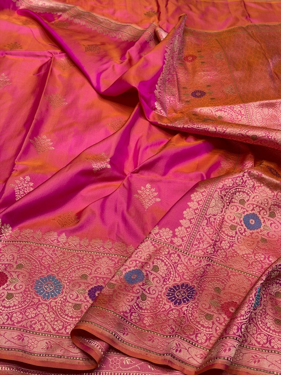 Orangish Pink Handwoven Pure Banarasi Ektara Silk Saree – Kadwa Iktara Weave, Pure Mulberry Silk