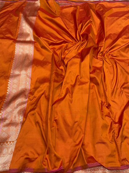 Orange Handwoven Pure Banarasi Silk Saree in Kadwa Weave