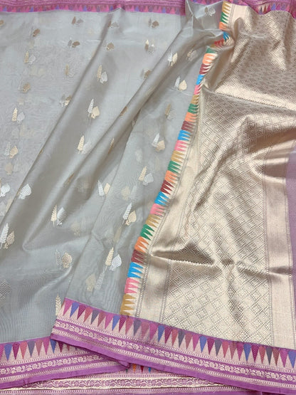Silver Grey Handwoven Pure Organza Banarasi Silk Saree – Kadwa Weave | Pure Kora–Mulberry Silk Saree
