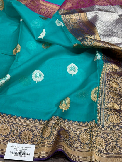 Sea Blue Handwoven Pure Organza Silk Saree