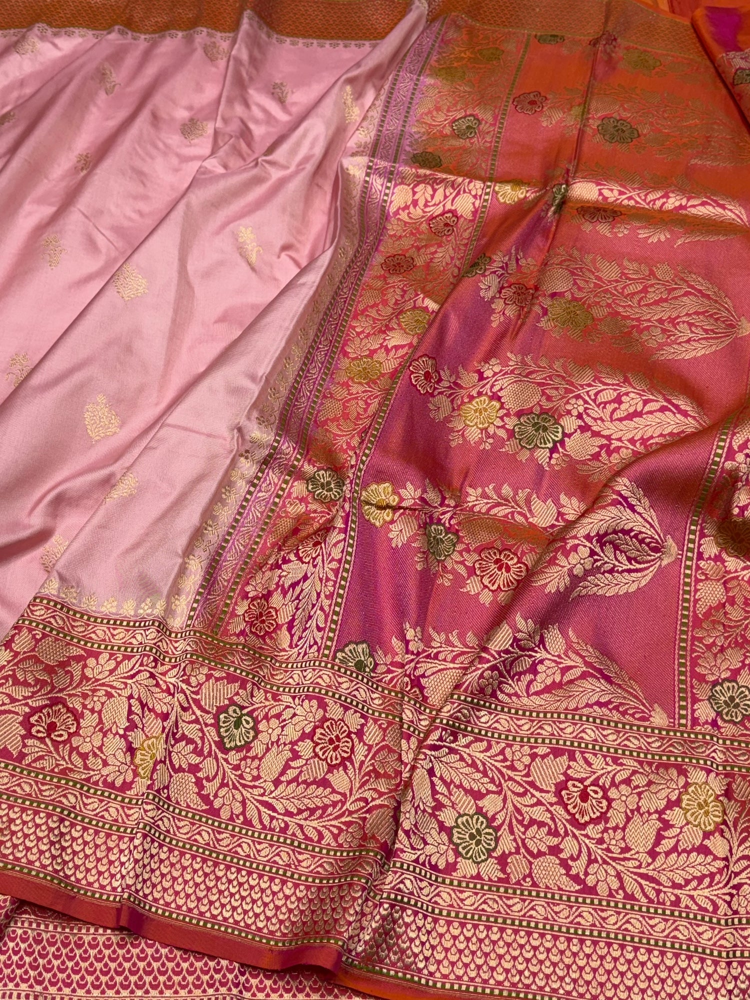 Powder Pink Pure Banarasi Katan Ektara Silk Saree – Handwoven Kadwa Booti