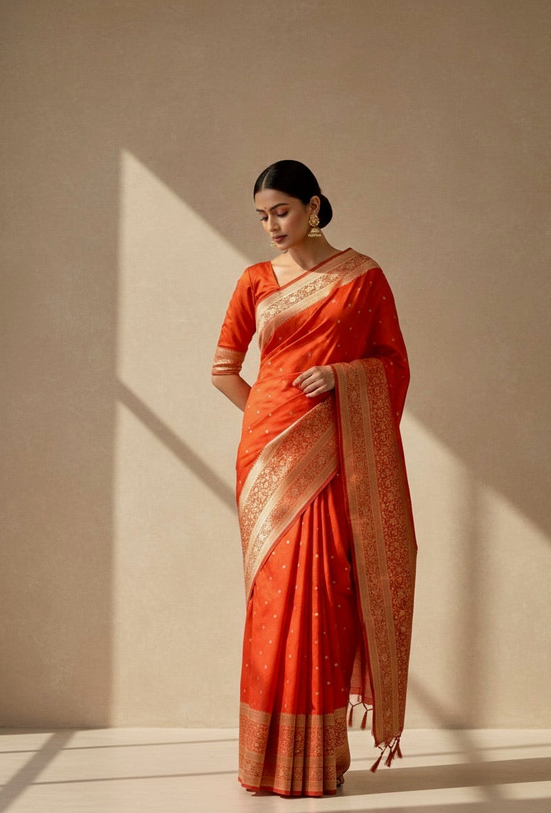 Orange Handwoven Vintage Pure Banarasi Silk Saree | Pure Katan Silk | Kadwa Weave | HMR Handlooms