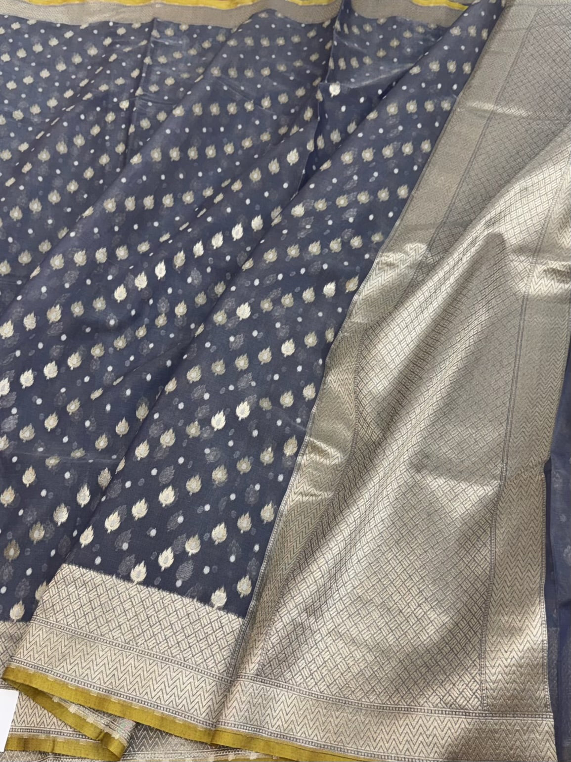 Bluish Grey Pure Banarasi Kora Cotton Saree