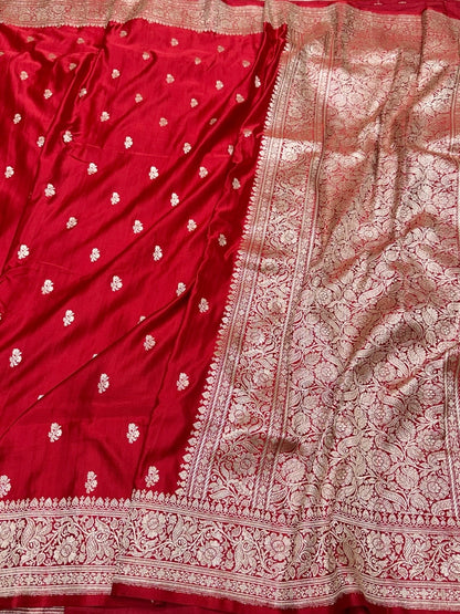 Red Handwoven Vintage Pure Banarasi Satin Silk Saree