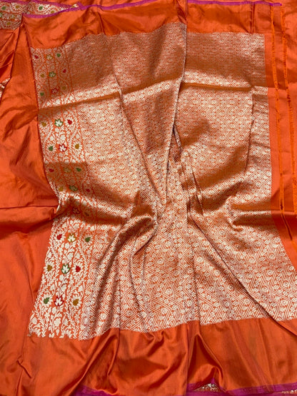 Orange Handwoven Pure Banarasi Ektara Silk Saree