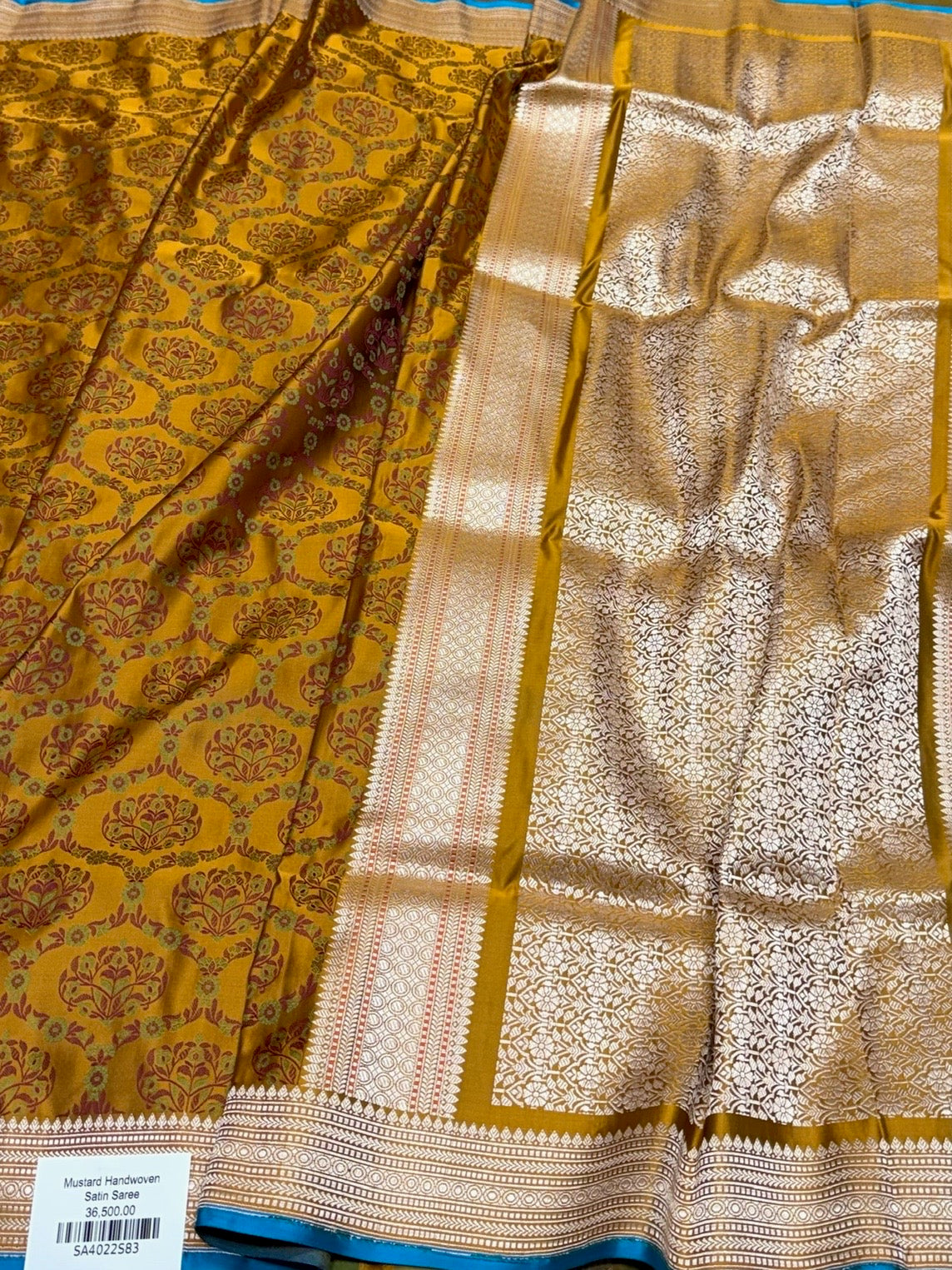 Mustard Yellow Handwoven Pure Banarasi Satin Tanchoi Silk Saree