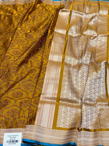 Mustard Yellow Handwoven Pure Banarasi Satin Tanchoi Silk Saree