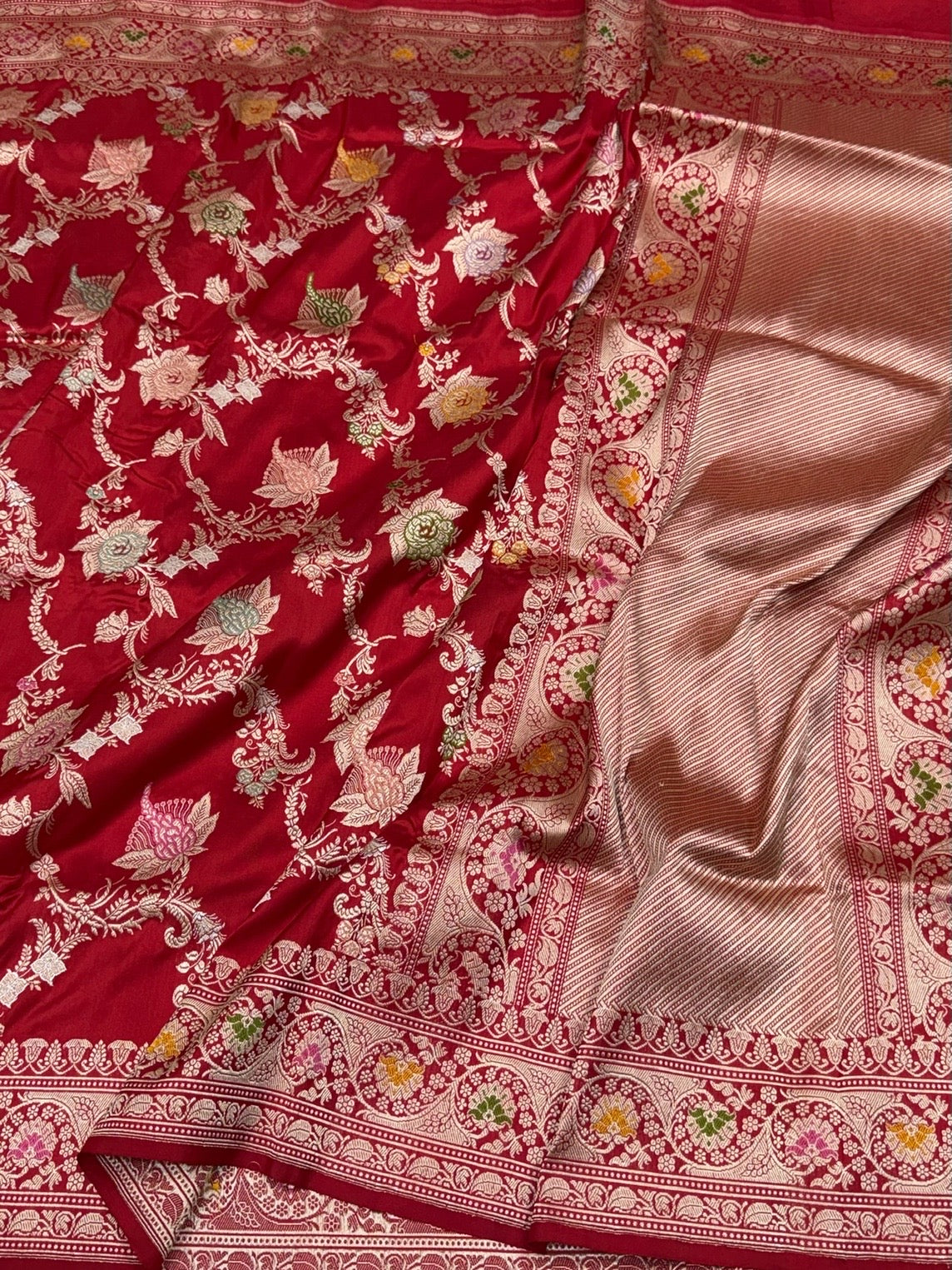 Red Handwoven Pure Banarasi Silk Saree in Kadwa Weave | Authentic Katan Mulberry Silk