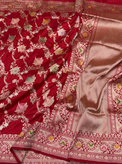 Red Handwoven Pure Banarasi Silk Saree in Kadwa Weave | Authentic Katan Mulberry Silk